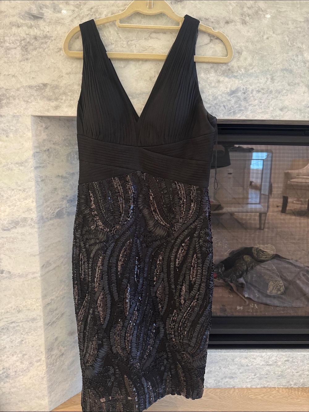 Aidan Mattox Black V-Neck Sequin Midi Dress